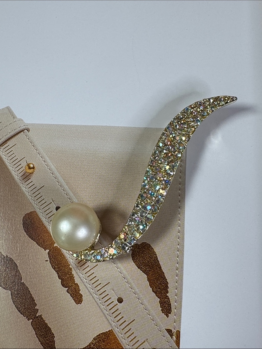 Vintage Tara AB Rhinestone Faux Pearl MCM Abstract Brooch Pin 1960s Gold Tone